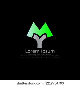 M Y MY Vector initial abstract logo concept for your company. cut font, gray and green. black background