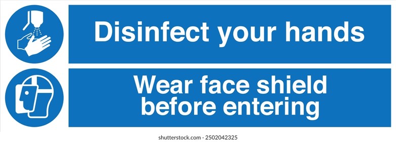 M061 ISO 7010 Registered safety signs Mandatory action Disinfect your hands Wear face shield Landscape 02