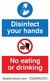 M061 ISO 7010 Registered safety signs Mandatory action Disinfect your hands No eating or drinking Portrait 02