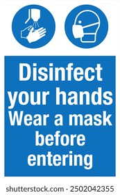 M061 ISO 7010 Registered safety signs Mandatory action Disinfect your hands Wear a Mask Before Entering Portrait 01