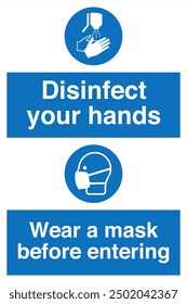 M061 ISO 7010 Registered safety signs Mandatory action Disinfect your hands Wear a Mask Before Entering Portrait 02