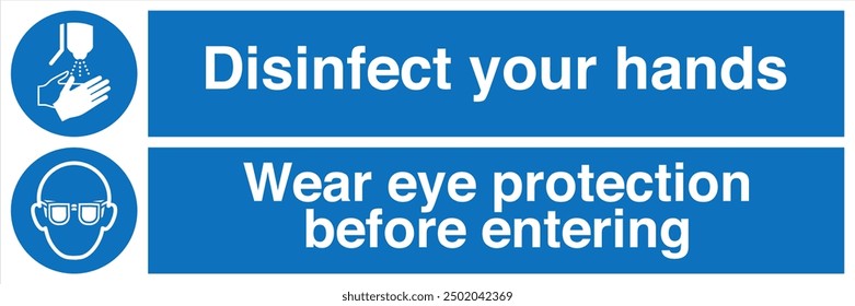 M061 ISO 7010 Registered safety signs Mandatory action Disinfect your hands Wear eye protection Landscape 02