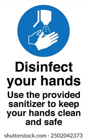 M061 ISO 7010 Registered safety signs Mandatory action Disinfect your hands Use the provided sanitizer to keep your hands clean and safe Black Text Portrait