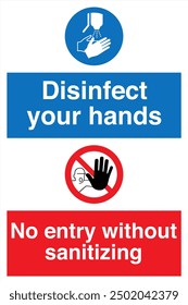 M061 ISO 7010 Registered safety signs Mandatory action Disinfect your hands No entry without sanitizing Portrait 02