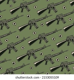 M16 rifle colorido patrón sin fisuras estilo vintage armas del siglo XX y agujero de bala pistolas militares soldados y guerreros ilustración vectorial