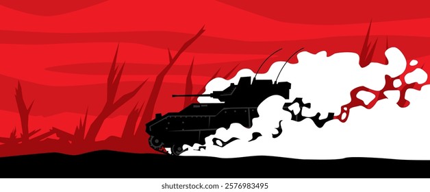 M2 Bradley IFV attacks. Infantry fighting vehicle on the battlefield. Vector image for prints, poster and illustrations.