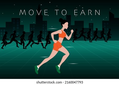 M2E, Move to Earn concept design.  Earn cryptocurrency by exercising and moving. P2E model turns into a Move to Earn model. 