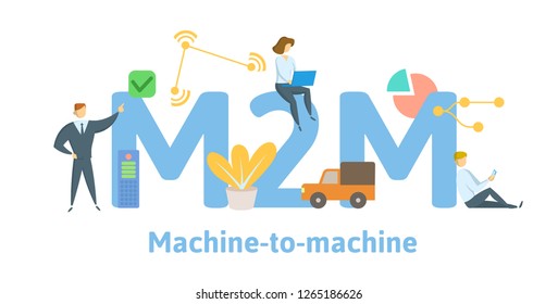 M2M, machine to machine. Concept with keywords, letters and icons. Colored flat vector illustration. Isolated on white background.
