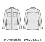 M-65 field jacket technical fashion illustration with oversized, stand collar, hide hood, flap pockets, epaulettes. Flat coat template front, back, grey color style. Women men unisex top CAD mockup