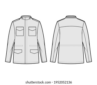 M-65 field jacket technical fashion illustration with oversized, stand collar, hide hood, flap pockets, epaulettes. Flat coat template front, back, grey color style. Women men unisex top CAD mockup