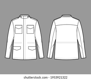 M-65 field jacket technical fashion illustration with oversized, stand collar, long sleeves, flap pockets, epaulettes. Flat coat template front, back white color style. Women men unisex top CAD mockup