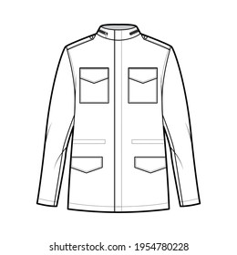 M-65 field jacket technical fashion illustration with oversized, stand collar, hide hood, long sleeves, flap pockets, epaulettes. Flat coat template front, white color style. Women men top CAD mockup