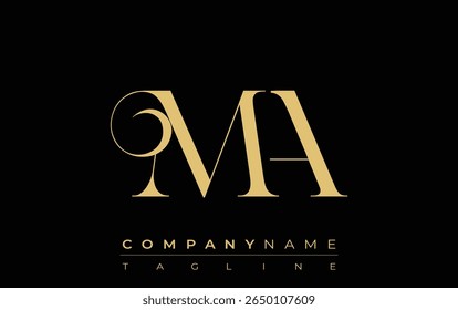 MA Abstract Creative Jewelry Logo. A stylish logo featuring golden monogram initials in an elegant and modern typography, perfect for branding