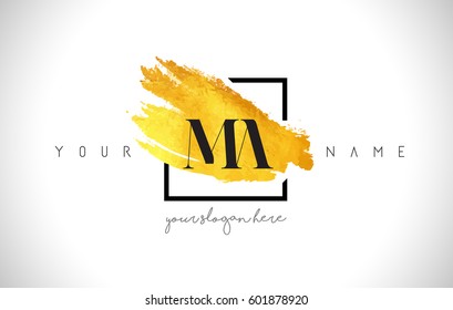 MA Golden Letter Logo Design with Creative Gold Brush Stroke and Black Frame.