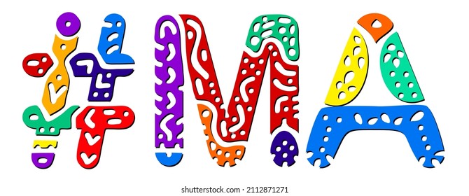 MA Hashtag. Multicolored bright isolate curves doodle letters. Hashtag #MA is abbreviation for the US American state Massachusetts for social network, web resources, mobile apps.