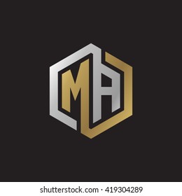 MA initial letters looping linked hexagon elegant logo golden silver black background