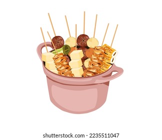 Ma la, Cha bu in soup hot pot. Sticks with meat, tofu, vegetables, squid, bell pepper, mushrooms, pork ball and meat ball in pot. Sukiyaki menu, Asian food hand drawing, anime food illustration.  