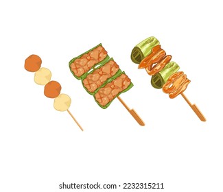 Ma la meat and vegetables with stick. Pork balls, meatballs ball, pork chops mixed with seasoning in bell peppers, sweet bell peppers and chicken meat mixed with sauce.Uncooked BBQ vector drawing food