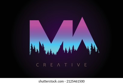 MA Letters Logo Design with Purple Blue Colors and Pine Forest Trees Concept Vector Icon. MA Trees Logo with Vibrant Gradient Colors Idea.
