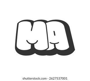 MA logo, bubble comic lettering, rounded in graffiti style black and white silhouette. Trendy preschool M and A letter text for festival party, personal initials, children funky print and web. 