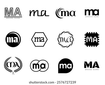 MA logo company template. Letter m and a logotype. Set different classic serif lettering and modern bold text with design elements. Initial font typography. Collection trendy business identity.