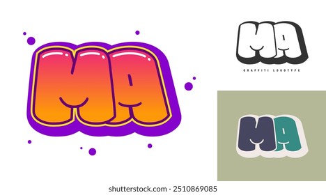 Diseño de logotipo de MA para festival o fiesta. Letra inicial m y a en estilo graffiti. Nombre moderno creativo de la compañía de la tipografía de la fuente. Logotipo o identidad de moda para niños. Ilustración vectorial.