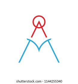 MA logo letter with mountain and sun line art design