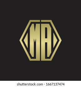 Monograma de logotipo de MA con plantilla de diseño redondeado de línea hexagonal con colores dorados