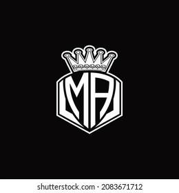 Monograma de logotipo de MA con forma de emblema de lujo y plantilla de diseño de corona sobre fondo negro