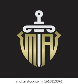 MA Logo monogram with sword and shield combination isolated with gold colors