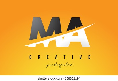 MA M A Letter Modern Logo Design with Swoosh Cutting the Middle Letters and Yellow Background.