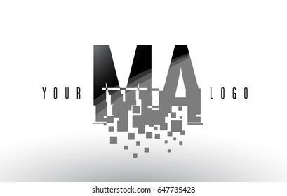 MA M A Pixel Letter Logo with Digital Shattered Black Squares. Creative Letters Vector Illustration.