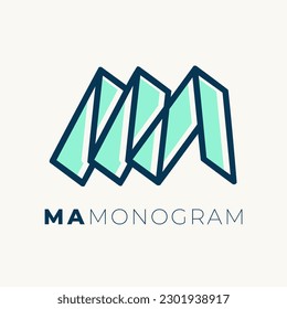 MA, AM monogram logo signature icon. Alphabet initials. Abstract 3d letter m, letter a. Lettering sign. Modern deco design, web, tech style bold characters. Geometric intertwined lines typography.