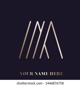 MA monogram.Typographic logo with letter m and letter a.Overlapped uppercase alphabet initials.Lettering icon in golden metallic color isolated on dark background.Thin lines.Modern, beauty style.