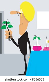 ma working in a lab and holding a plant	