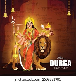 maa Druga with Durga Mantra Sanskrit text meaning Goddess who is Auspicious, complete with all attributes, one who full-fills everyons wishes, my salutation to you". in Marathi calligraphy text.