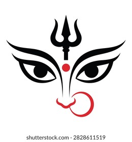 Maa Durga face and eyes vector logo with trishul and red decorative accents, representing Durga Puja, Hindu devotion, Bengali culture and spiritual traditions.