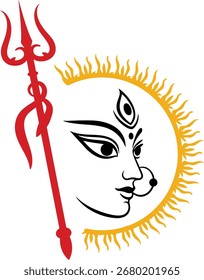 Maa Durga Face Icon with Trishul And Sun Aura For Durga Puja Celebration