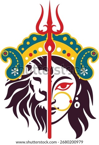 Maa Durga Icon Illustration As Half Lion With Trident for Navratri Festive Design