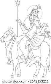 Maa Mahagauri Line Drawing, Line art illustration of Hindu Goddess Maa Mahagauri, the eighth form of Goddess Durga, depicted riding a bull or cow and holding a trident and other divine symbols.