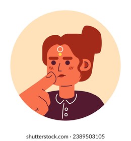 Maang tikka indian female stroking chin 2D vector avatar illustration. Stylish hindu woman thinking hard cartoon character face. Choice making gesture flat color user profile image isolated on white