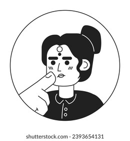 Maang tikka indian female stroking chin black and white 2D vector avatar illustration. Stylish hindu woman thinking hard outline cartoon character face isolated. Choice making gesture flat portrait