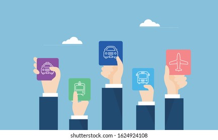 maas image,hand holding various mobility app,vector illustration,blue background