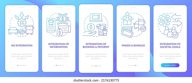 La integración de MaaS permite el gradiente azul en la pantalla de aplicación móvil. Recorrido público 5 pasos instrucciones gráficas con conceptos lineales. UI, UX, plantilla GUI. Multitud de tipos de letra Pro-Bold, con uso regular