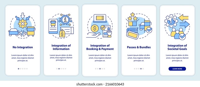 Niveles de integración de MaaS a bordo de la pantalla de aplicaciones móviles. Recorrido de transporte público 5 pasos instrucciones gráficas editables con conceptos lineales. UI, UX, plantilla GUI. Multitud de tipos de letra Pro-Bold, con uso regular