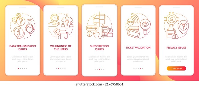 MaaS issues red gradient onboarding mobile app screen. System disadvantages walkthrough 5 steps graphic instructions with linear concepts. UI, UX, GUI template. Myriad Pro-Bold, Regular fonts used