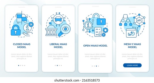 Modelo MaaS pantalla azul de aplicación móvil incorporada. Recorrido del sistema digital 4 pasos instrucciones gráficas editables con conceptos lineales. UI, UX, plantilla GUI. Multitud de tipos de letra Pro-Bold, con uso regular
