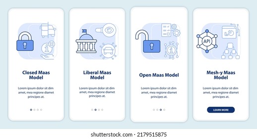 Modelos de MaaS pantalla de aplicación móvil de inicio azul claro. Recorrido del sistema digital 4 pasos instrucciones gráficas editables con conceptos lineales. UI, UX, plantilla GUI. Multitud de tipos de letra Pro-Bold, con uso regular