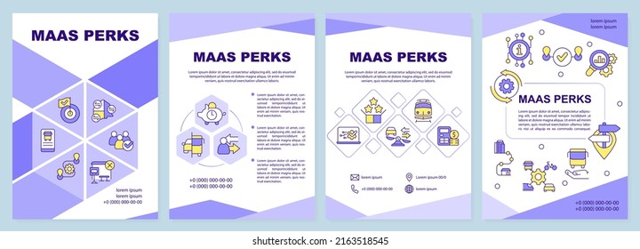 MaaS perks purple brochure template. Advantages for users. Leaflet design with linear icons. Editable 4 vector layouts for presentation, annual reports. Arial-Black, Myriad Pro-Regular fonts used