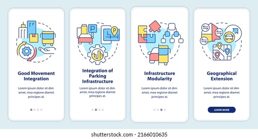 MaaS requirements onboarding mobile app screen. Service providing walkthrough 4 steps editable graphic instructions with linear concepts. UI, UX, GUI template. Myriad Pro-Bold, Regular fonts used